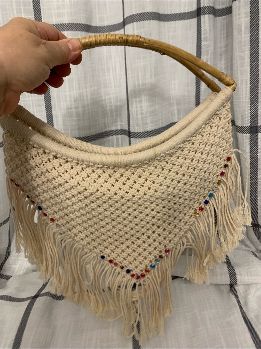 Vintage 1970s Cream Macrame Fringe Handbag with Bead Accents